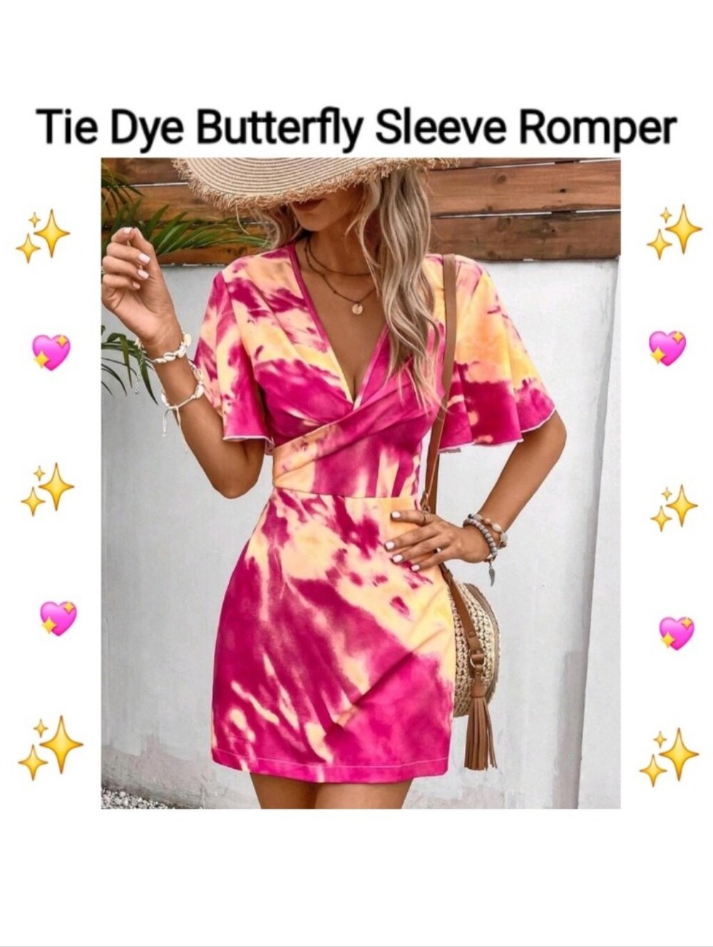 SHEIN VCAY Pink & Yellow Tie-Dye Butterfly Sleeve Mini Dress, Size XL